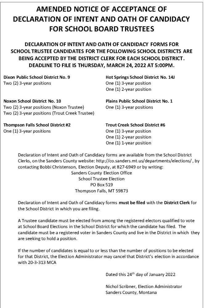 AMENDED NOTICE OF ACCEPTANCE OF  DECLARATION OF INTENT AND OATH OF CANDIDACY  FOR SCHOOL BOARD TRUSTEES 